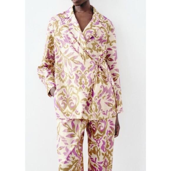 Zara Purple Metallic Gold Blazer And Pants 2 Piece‎ Set Wrap Kimono Cotton Sz L - Picture 1 of 13